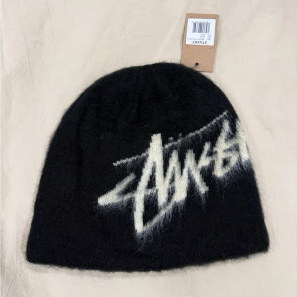 Stussy Black Beanie with White Script Logo